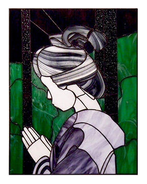 Geisha Praying, 14" x 24", 2004, Sold, Private Collection, Glass panel of a Geisha praying at a temple wearing a purple kimono with a green landscape around the temple