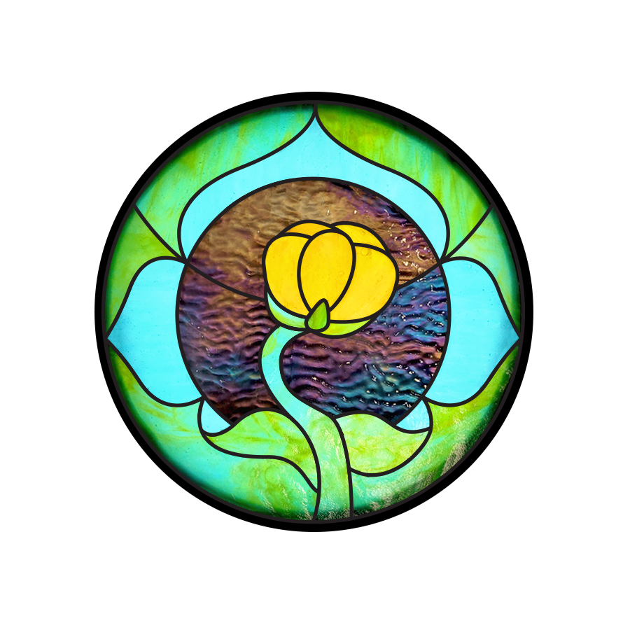Blackwater Arts Logo of an American yellow water lily in stained glass with stylized leaves and iridescent black water behind it.