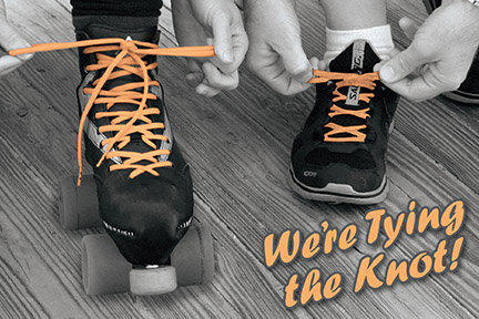 We're Tying the Knot postcard wedding invite.