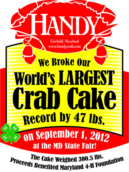 Handy Seafood, World's Largest Crab Cake announcement card in red and yellow with the 4H logo in the lower left-hand corner. This event is in the Guinness Book of World Records.