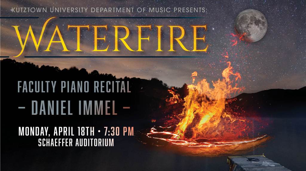 Waterfire concert opening graphic for YouTube livestreaming for Kutztown University Department of Music. Featuring a lake scene with a ring of fire in the middle and the flames licking the moon turning it red.