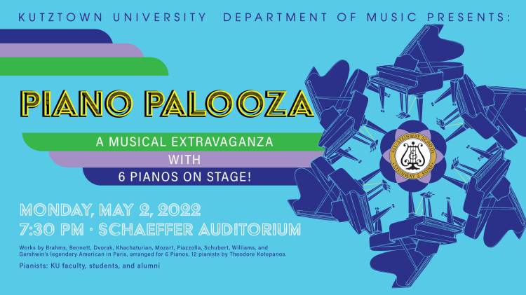 Piano Palooza concert opener screen for YouTube livestreaming for Kutztown University Department of Music. 6 vector pianos circling the KU Percussion logo on a light blue background.