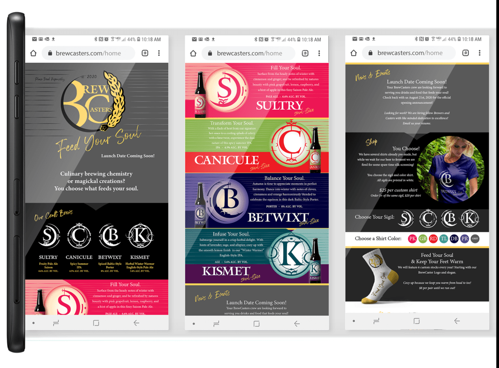 BrewCasters Website Mobile Mock-up, with 3 scroll pop-out view.