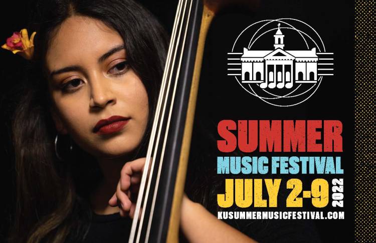Kutztown University Summer Music Festival 2022 Cover image (folded), with an image of a female cellist about to play, the KUMU logo, and the dates of the festival. This is a folded mailer that was sent out to a list of local contacts.