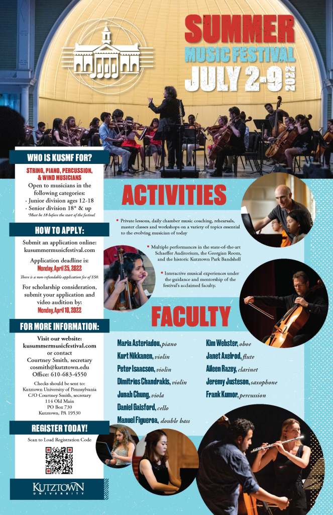 Kutztown University Summer Music Festival 2022 Inside poster, with the dates, events, instructors, and how to apply.